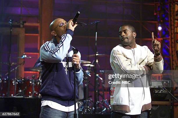 Episode 2695 -- Pictured: Musical guest Mario Winans performs with musician Loon on April 22, 2004 --