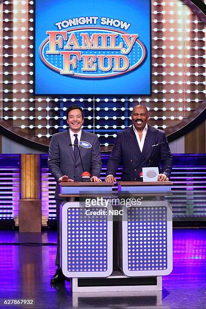 Episode 0584 -- Pictured: Host Jimmy Fallon and television personality Steve Harvey play "Tonight Show Family Feud" on December 05, 2016 --