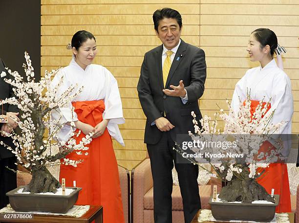 Japan - Japanese Prime Minister Shinzo Abe receives pots of blossoming plum bonsai from members of the "plum mission" of Dazaifu Tenmangu shrine at...