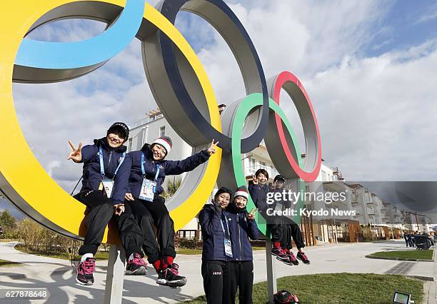 Russia - Members of the Japanese women's ice hockey team poses for photos at the Olympic Village in the Coastal Cluster in Sochi, Russia, on Feb. 4...