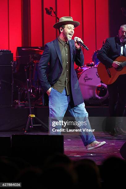 Singer Christophe Mae performs during "Grand Prix de la SACEM 2016" at Folies Bergeres on December 5, 2016 in Paris, France.