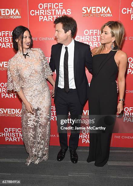 Olivia Munn, Jason Bateman and Jennifer Aniston attend the Paramount Pictures with The Cinema Society & Svedka host a screening of "Office Christmas...