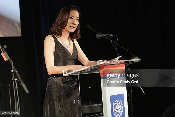 Actor and UNDP Goodwill Ambassador Michelle Yeoh speaks onstage at the United Nations Development Programme Inaugural Global Goals Gala: A Night for...