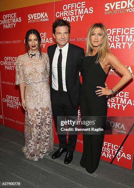 Actors Olivia Munn, Jason Bateman, and Jennifer Aniston attend as Paramount Pictures with the Cinema Society & Svedka host a screening of "Office...