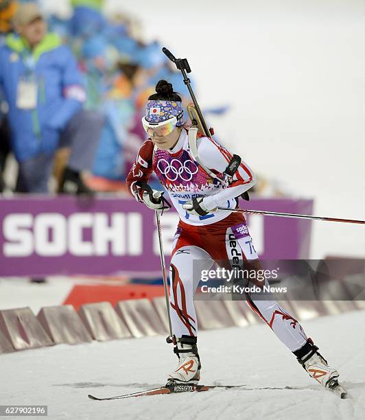 Russia - Yuki Nakajima of Japan sprints in the Winter Olympics women's biathlon 7.5km sprint at the Laura Cross-country Ski & Biathlon Center in...