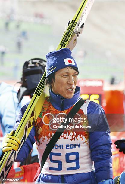 Russia - Japan Olympic captain Noriaki Kasai wears a smile after a practice jump during the Winter Olympics men's normal hill individual...