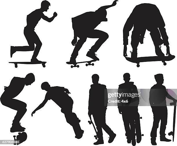 man in action with skateboard - skating stock illustrations
