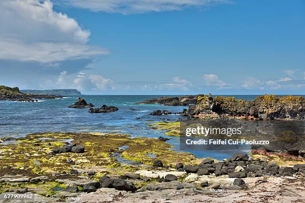 rocky coastline of ballintoy at county antrim in northern ireland - butte rocky outcrop stock pictures, royalty-free photos & images