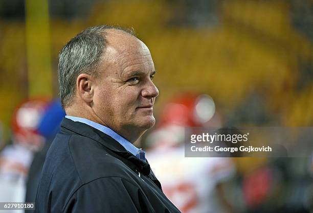 Vice President & General Manager Kevin Colbert of the Pittsburgh Steelers looks on from the sideline before a game against the Kansas City Chiefs at...