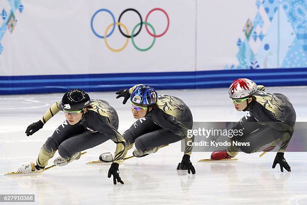 Russia - Japanese women short-track skaters -- Moemi Kikuchi, Yui Sakai and Ayuko Ito -- take part in an official practice session at the 2014 Sochi...