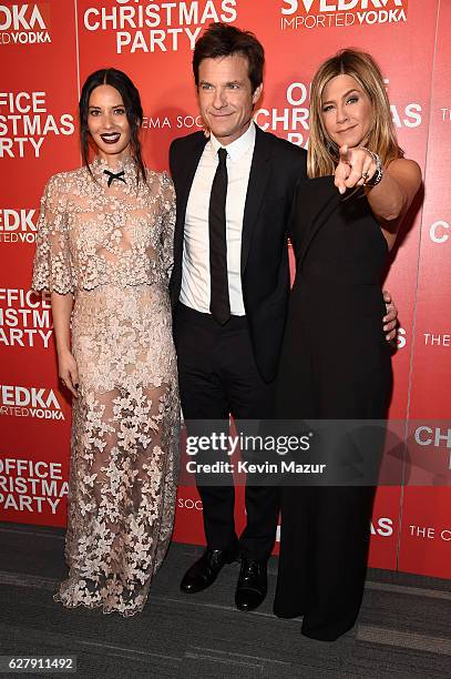 Olivia Munn, Jason Bateman and Jennifer Aniston attend the Paramount Pictures with The Cinema Society & Svedka host a screening of "Office Christmas...