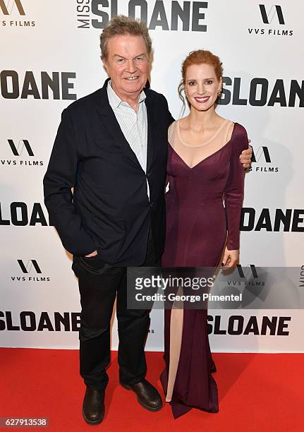 Director John Madden and Jessica Chastain attend "Miss Sloane" Toronto Premiere held at Isabel Bader Theatre on December 5, 2016 in Toronto, Canada.