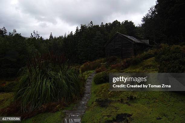 twilight comes to du cane hut - overland track stock pictures, royalty-free photos & images