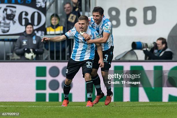 Levent Aycicek of TSV 1860 Muenchen celebrates after scoring during the Second Bandesliga match between TSV 1860 Muenchen and Dynamo Dresden at...