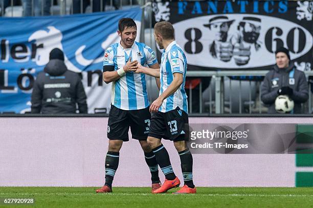 Levent Aycicek of TSV 1860 Muenchen celebrates after scoring during the Second Bandesliga match between TSV 1860 Muenchen and Dynamo Dresden at...