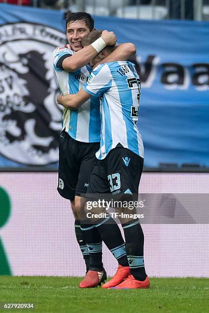 Levent Aycicek of TSV 1860 Muenchen celebrates after scoring during the Second Bandesliga match between TSV 1860 Muenchen and Dynamo Dresden at...