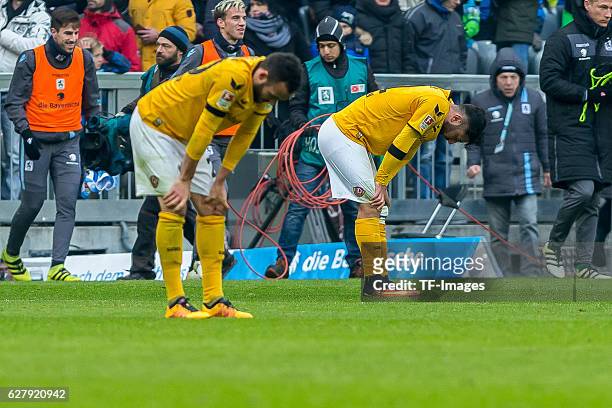 Fabian Mueller of Dynamo Dresden and Aias Aosman of Dynamo Dresden disappointed during the Second Bandesliga match between TSV 1860 Muenchen and...