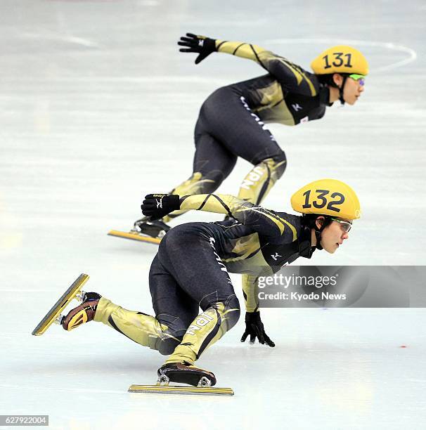 Russia - Japan's Biba Sakurai and Yui Sakai skate in the Winter Olympics women's 3000-meter short track relay semifinals in Sochi, Russia, on Feb....