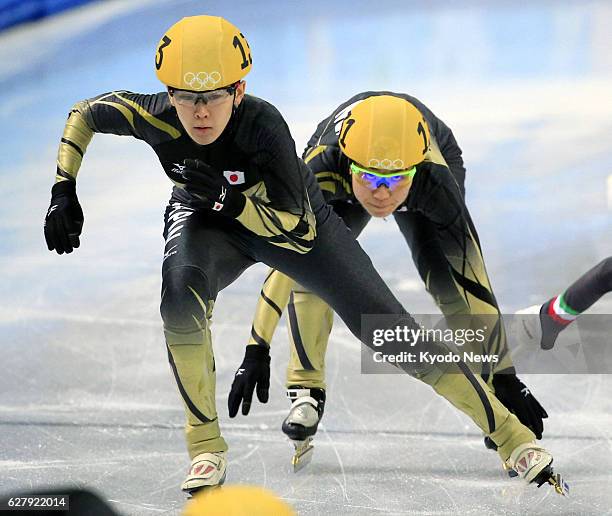 Russia - Japan's Yui Sakai and Sayuri Shimizu race in the Winter Olympics women's 3,000-meter short track relay semifinals in Sochi, Russia, on Feb....