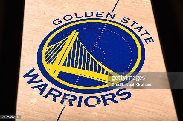 View of the Golden State Warriors logo before the game against the Indiana Pacers on December 5, 2016 at ORACLE Arena in Oakland, California. NOTE TO...