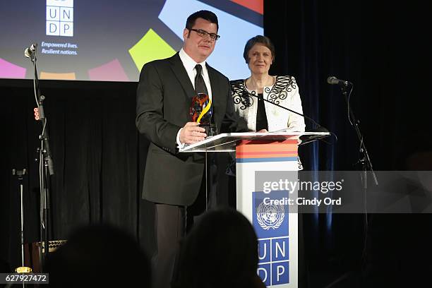 Founder and CEO of Tribal Planet Inc, Jeff Martin accepts an award onstage during the United Nations Development Programme Inaugural Global Goals...