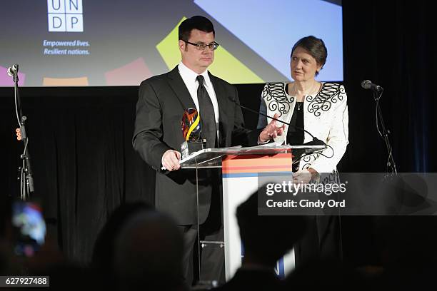 Founder and CEO of Tribal Planet Inc, Jeff Martin accepts an award onstage during the United Nations Development Programme Inaugural Global Goals...