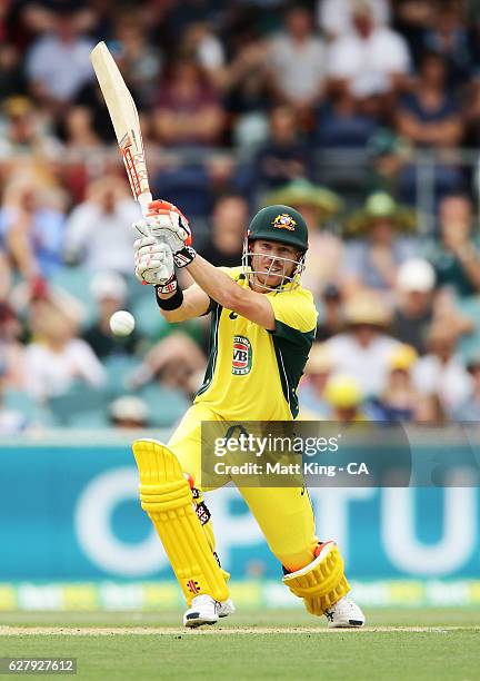 David Warner of Australia bats during game two of the One Day International series between Australia and New Zealand at Manuka Oval on December 6,...