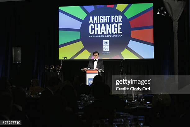 Alex Moffat speaks onstage at the United Nations Development Programme Inaugural Global Goals Gala: A Night for Change at Phillips in Manhattan on...