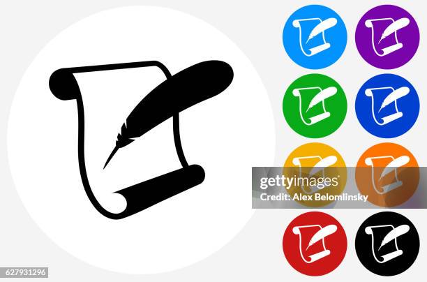 paper scroll feather quill icon on flat color circle buttons - old scroll vector stock illustrations