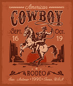 Rodeo poster with a cowboy sitting on  rearing horse in