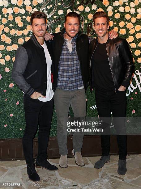 Personalities Luke Pell, Chris Soules and football quarterback Jordan Rodgers attend Becca Tilley's blog and YouTube launch party at The Bachelor...