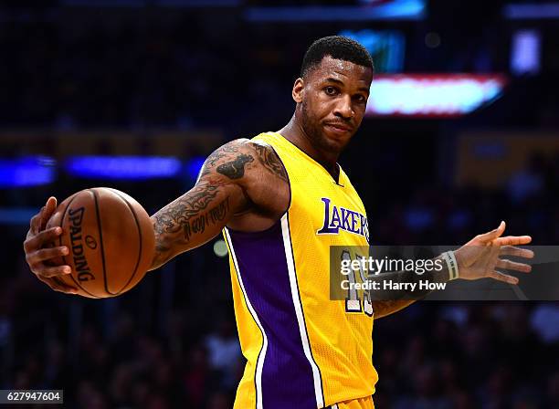 Thomas Robinson of the Los Angeles Lakers reacts to a Laker foul during the second half of a 107-101 Utah Jazz win at Staples Center on December 5,...