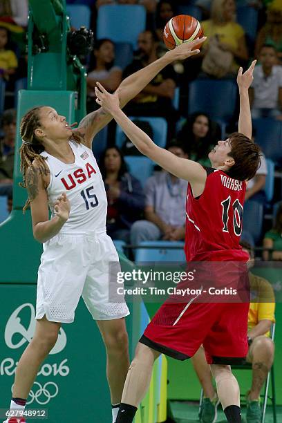 Basketball - Olympics: Day 11 Brittney Griner of United States rejects a shot from Ramu Tokashiki of Japan during the USA Vs Japan Women's Basketball...