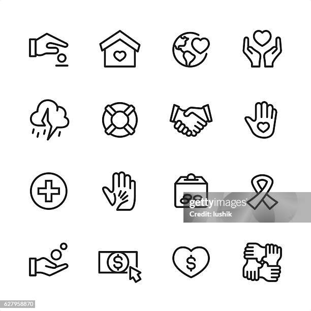 stockillustraties, clipart, cartoons en iconen met charity & relief work - outline style vector icons - stormbaan