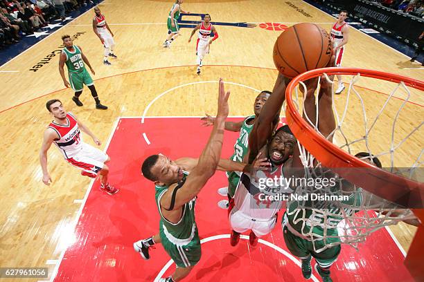 Andrew Nicholson of the Washington Wizards goes for the rebound during the game against the Boston Celtics on November 9, 2016 at Verizon Center in...