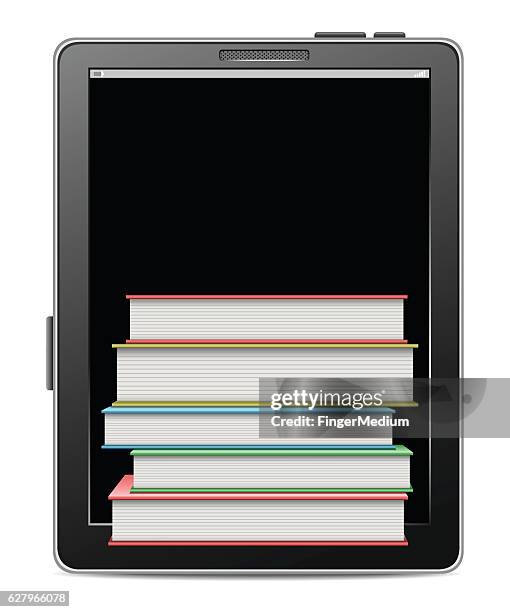 tablet with books - books stack home stock illustrations