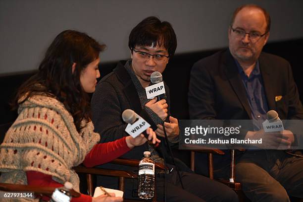 Translator Junko Gouda, Director Makoto Shinkai and Moderator Steve Pond attend TheWrap's Special Screening Presentation Of "Your Name" and "Jackie"...