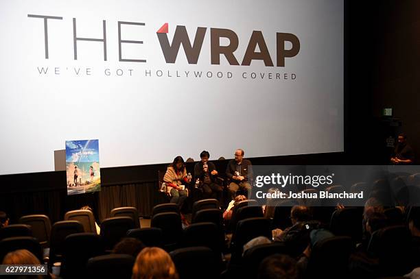 Translator Junko Gouda, Director Makoto Shinkai and Moderator Steve Pond attend TheWrap's Special Screening Presentation Of "Your Name" and "Jackie"...