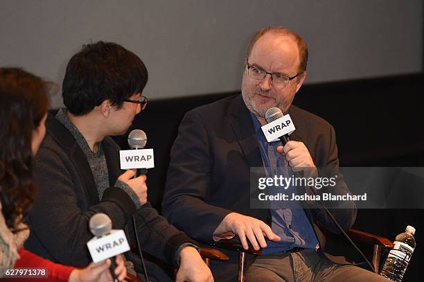 Translator Junko Gouda, Director Makoto Shinkai and Moderator Steve Pond attend TheWrap's Special Screening Presentation Of "Your Name" and "Jackie"...