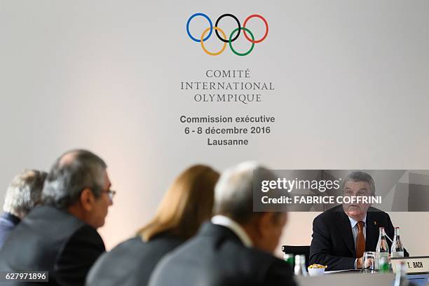 International Olympic Committee President Thomas Bach speaks at the opening of an executive meeting on December 6, 2016 in Lausanne. The doping will...