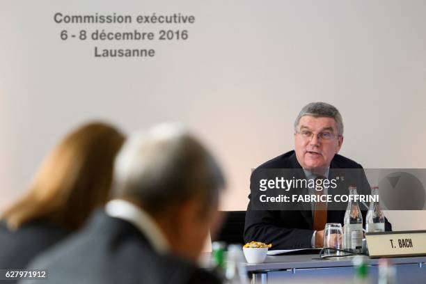 International Olympic Committee President Thomas Bach speaks at the opening of an executive meeting on December 6, 2016 in Lausanne. - The doping...