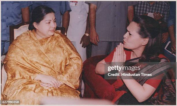 Congress president Sonia Gandhi with Jayalalithaa at a tea party hosted by Subramanian Swamy March 29, 1999 in New Delhi, India. Tamil Nadu Chief...