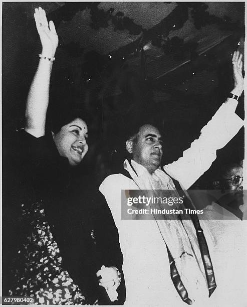 General Secretary Jayalalithaa and the Congress President Rajiv Gandhi greeting the crowd at a public meeting in Madras on April 19, 1991 in Madras,...