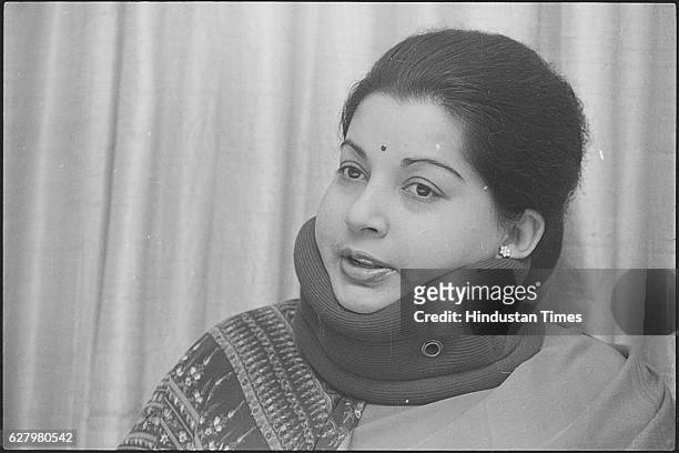 Leader Jayalalithaa during press conference on April 7, 1989 in New Delhi, India. Tamil Nadu Chief Minister J Jayalalithaa suffered a cardiac arrest...