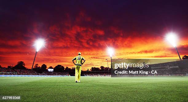 Pat Cummins of Australia fields near the boundary during game two of the One Day International series between Australia and New Zealand at Manuka...