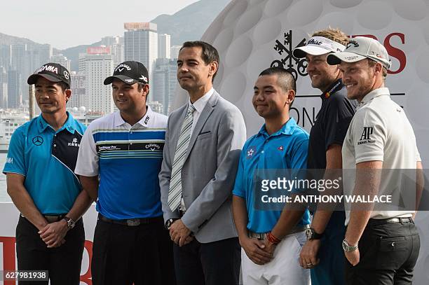 Golfers Liang Wenchong of China , Patrick Reed of the US , Humphrey Wong of Hong Kong , Ian Poulter of Britain and Danny Willett of Britain pose...