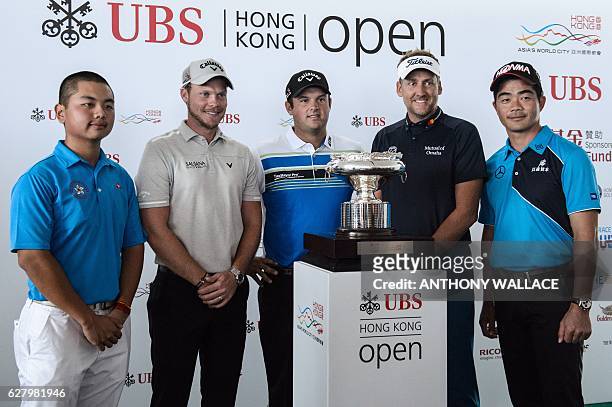 Golfers Humphrey Wong of Hong Kong, Danny Willett of Britain, Patrick Reed of the US, Ian Poulter of Britain and Liang Wenchong of China pose in...