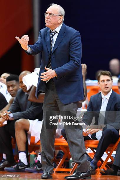 Head coach Jim Boeheim of the Syracuse Orange reacts to a play against the North Florida Ospreys during the first half at the Carrier Dome on...
