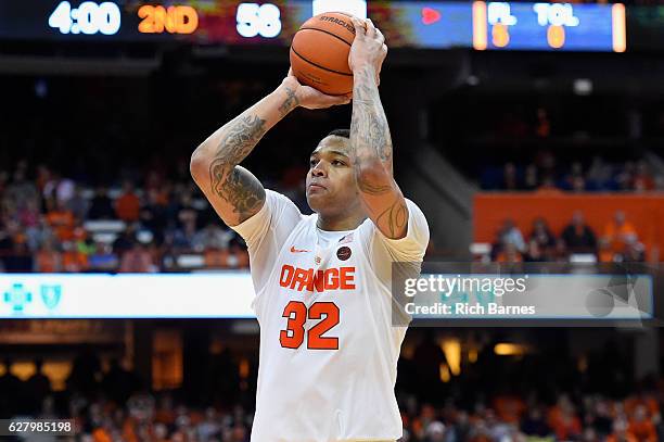 DaJuan Coleman of the Syracuse Orange shoots the ball against the North Florida Ospreys during the second half at the Carrier Dome on December, 3...