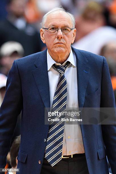 Head coach Jim Boeheim of the Syracuse Orange reacts to a play against the North Florida Ospreys during the second half at the Carrier Dome on...